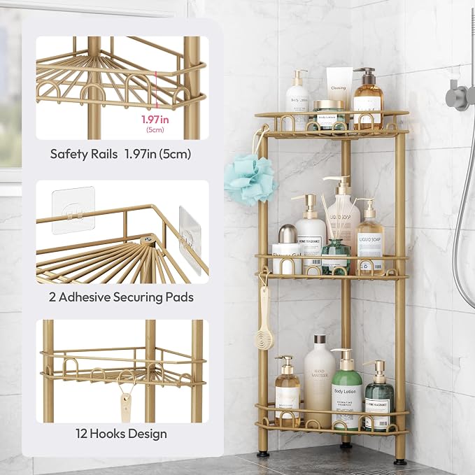 SWTYMIKI Standing Shower Caddy Corner - 3‑Tier Stainless Steel Shower Organizer Shelf with 12 Hooks and Adhesive Pads, Rustproof Corner Shelves Stand Rack for Bathroom Shower Room, Gold - Image 4
