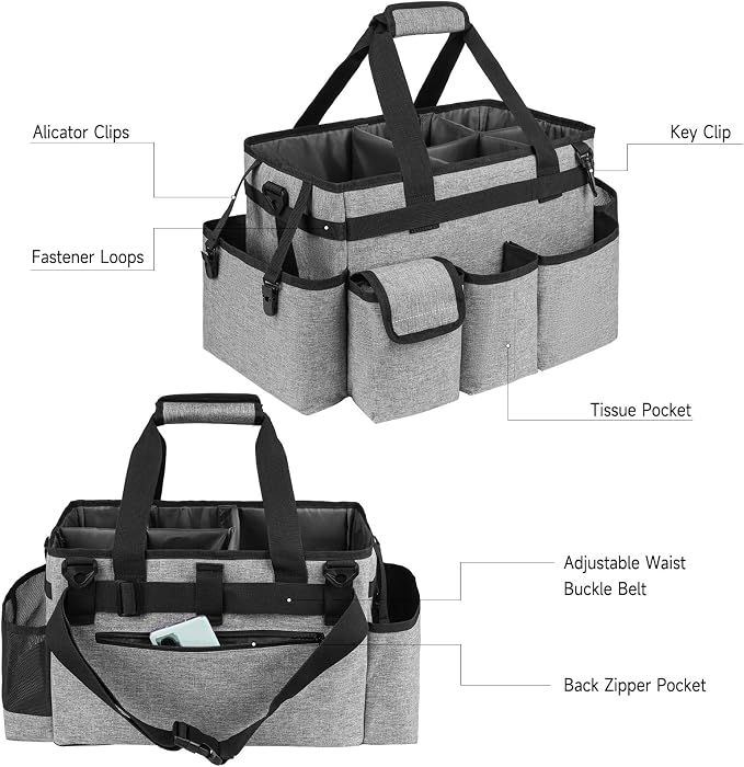 Cleaning Caddy Bag,Large Cleaning Supplies Organizer with Handle for Housekeepers,Gray - Image 4