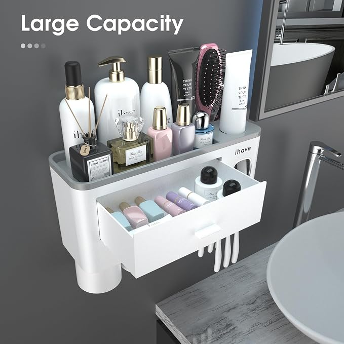 iHave Toothbrush Holders Wall Mounted with Toothpaste Dispenser & 3 Cups - Image 2