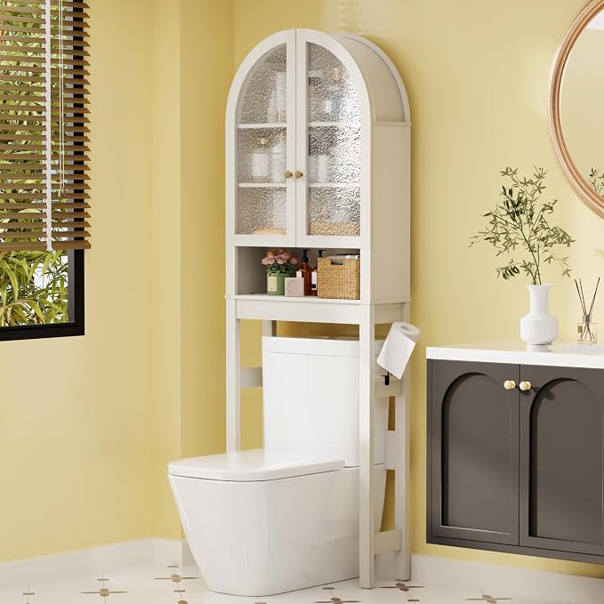 Over The Toilet Storage Cabinet, 23.7”W Modern Storage Cabinet Over Toilet with Acrylic Doors, Arched Freestanding Over Toilet Rack with Adjustable Shelf for Bathroom, White by BONITURE