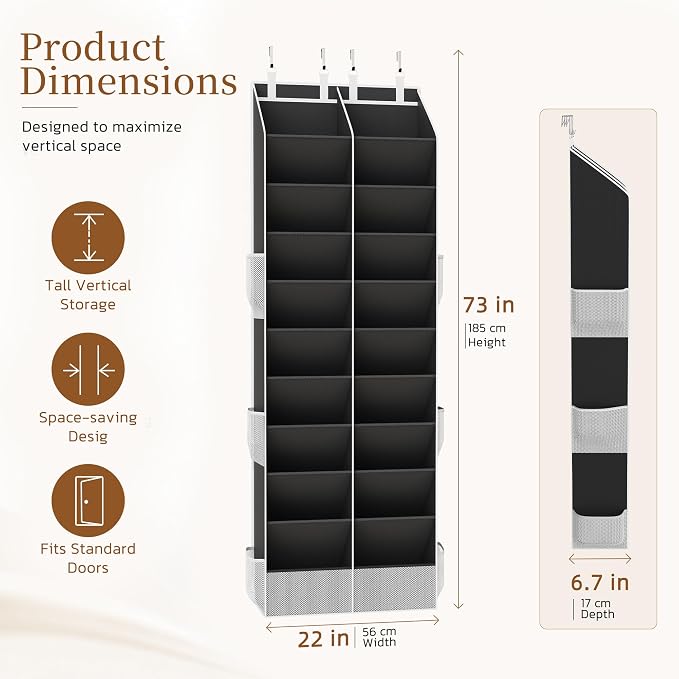 Criusia Over the Door Shoe Organizer, 20-30 Pairs Heavy-Duty Hanging Shoe Storage with Large Pockets, 10-Tier Door Shoe Rack with 4 Hooks for Sneakers Sandals Heels Boots (Black) - Image 3