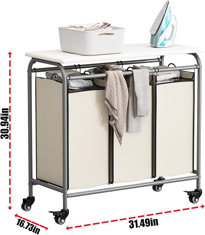 LINZINAR 3-Bag Laundry Hamper with Ironing Board, Beige 135L Laundry Sorter - Image 6