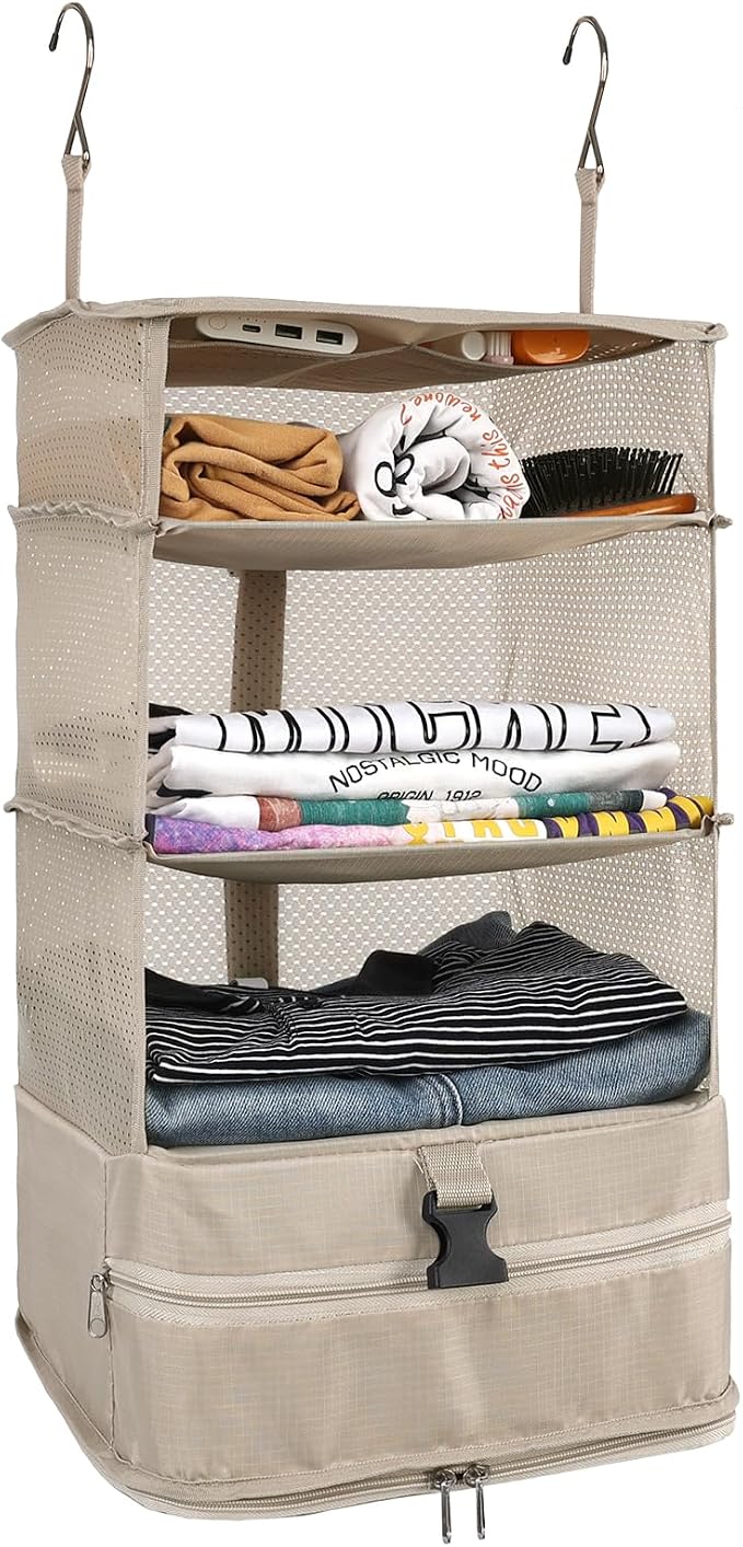Surblue Hanging Closet Storage Bag Collapsible 3-Shelf Washable Oxford Fabric with 2 Hooks (L 11.41 * 11.41 * 19.68in, Beige) by SURBLUE
