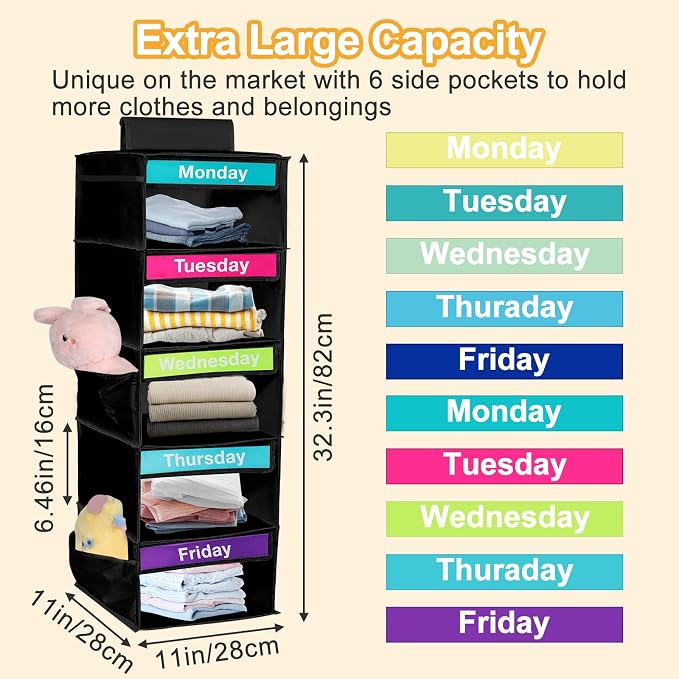 Weekly Clothes Organizer for Kids, Days of The Week Clothes Organizer with 6 Side Pockets, 5-Shelf Hanging Closet Organizer with Monday Through Friday Labels, Weekly Clothing Prepare & Divider - Image 3