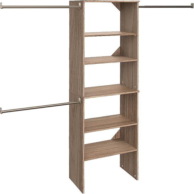 ClosetMaid SuiteSymphony Wood Closet Organizer Starter Kit with Tower and 3 Hang Rods, Shelves, Adjustable, Fits Spaces 5 – 10 ft. Wide, Natural Gray by Unknown