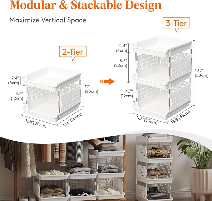 Lifewit 3 Tier Plastic Stackable Storage Baskets for Clothes 1 Pack, White - Image 4