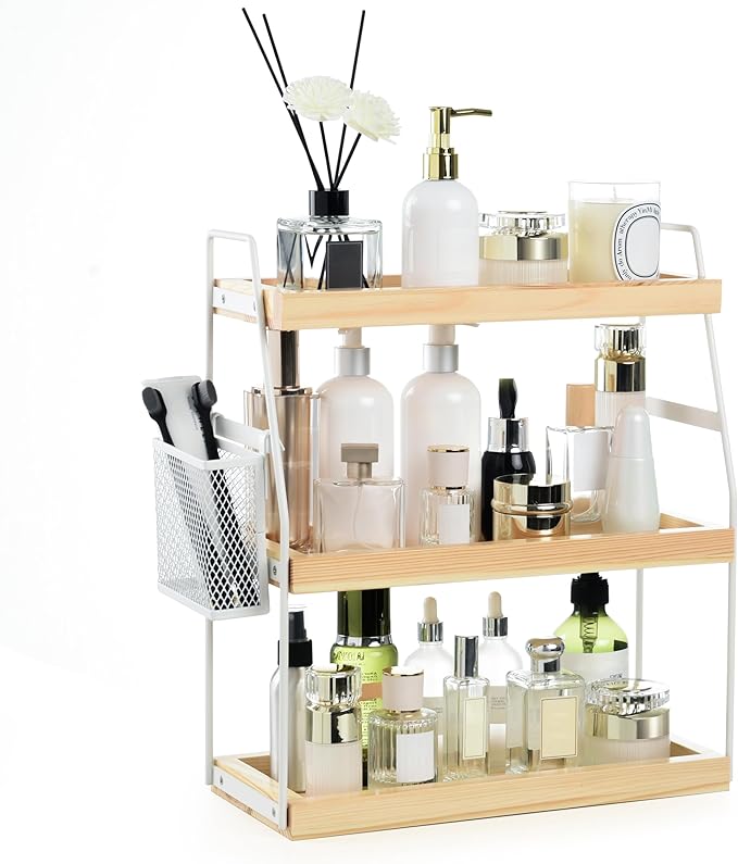 Uneviesyka Bathroom Counter Organizer, 3-Tier Standing Storage Shelf with Basket, Wood Tray for Skincare Vanity Organizer(White) by Uneviesyka