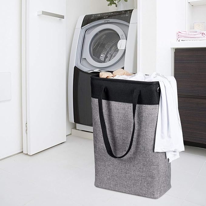 Laundry Basket with Handles Black&Grey-Slim Laundry Bin Collapsible Dirty Clothes Basket Narrow Laundry Bag Foldable Dirty Hamper for Camping, Dorms, Apartments - Image 2