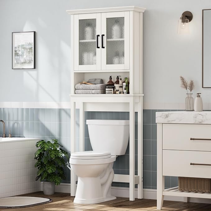 Over The Toilet Storage Cabinet, Over Toilet Bathroom Organizer with Doors and Adjustable Shelf, Thicken Frame Above Toilet Storage Cabinet Behind Toilet Bathroom Organizer, Cream White by Baztin