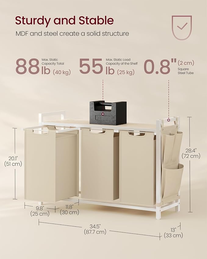 VASAGLE Laundry Hamper with Shelf, 3 Pull-Out Bags, 3 x 10.6 Gallons (40 L) - Image 6
