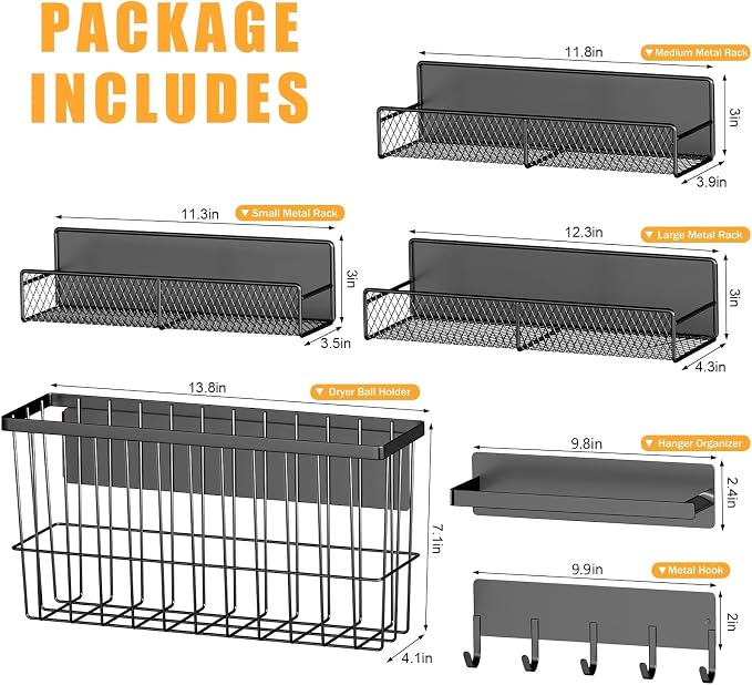 6 Pack Magnetic Shelves for Washing Machine, Magnetic Spice Rack Organizer for Refrigerator, Magnetic Shelf with Hanger Organizer, Metal Magnetic Basket, Laundry Organization and Storage, Black - Image 2
