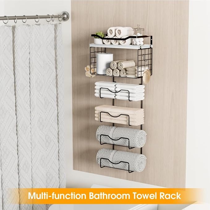 Towel Racks for Bathroom,Towel Rack Wall Mounted, 6 Tier Rolled Or Folded Towel Holder with Floating Shelves, Bathroom Towel Holder for Bath, Hand Towels,Metal,White Wood Panel - Image 2