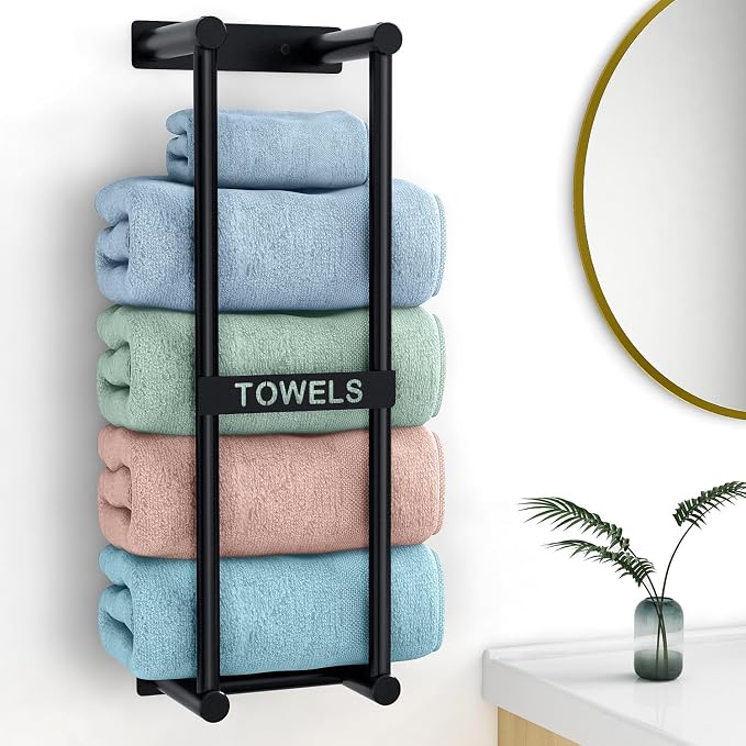 STWWO Bathroom Towel Rack Wall Mounted Can Holds 4 Large Towels, Black by STWWO