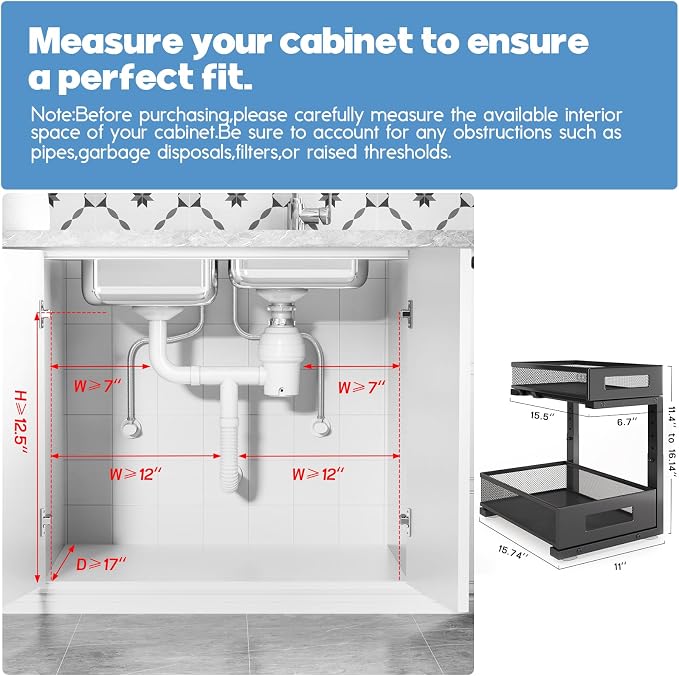 1 Pack-11.4"-16.14"H Under Sink Storage Organizer, Large 2-Tier Elegant Mesh Pull Out Shelf for Kitchen and Bathroom Cabinet Organization, L-Shaped and Adjustable Height Design for Maximum Space-Black - Image 2