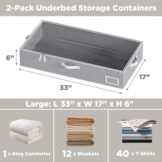 Under Bed Storage, Under Bed Storage Containers Bins for Clothes, Large Linen Underbed Closet Organization Bins, 2 Pack Collapsible Underbed Bin Dorm for Clothes, Sweater, Gray - Image 2