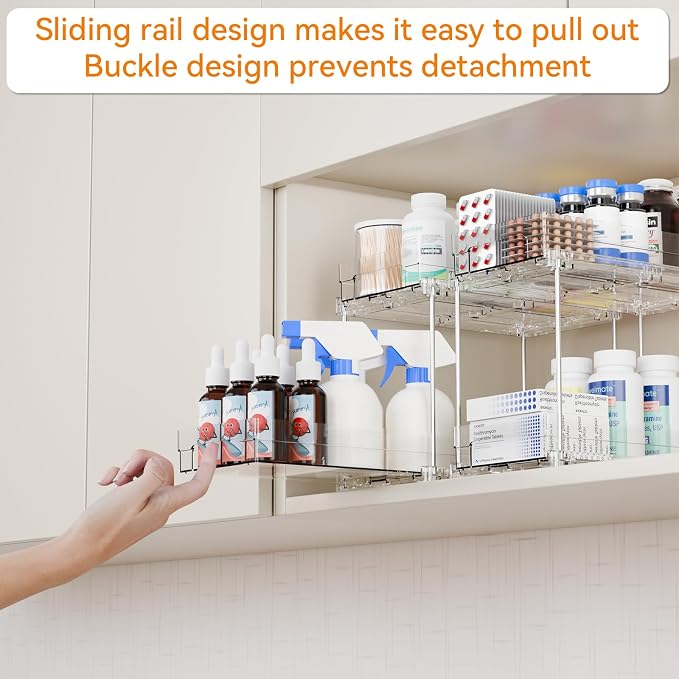 Yieach 4 Set Bathroom Organizers and Storage,2 Tier Clear Under Sink Organizer and Medicine Cabinet Organizer for Kitchen,Pantry Storage,Pull Out Drawers for Skincare,Pill Bottle,Spice Organization - Image 5