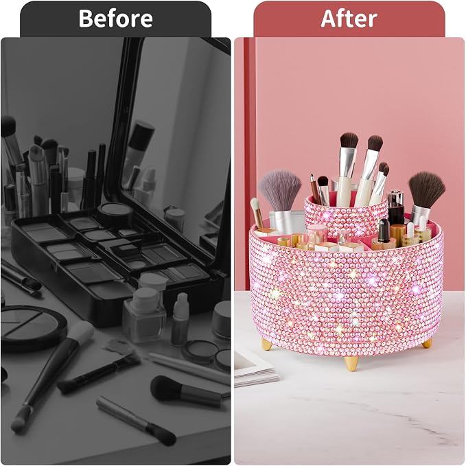 fanado Bling 360° Rotate Makeup Brush Holder Organizer, Makeup Organizers Countertop, Makeup organization and Skincare Storage for Vanity, Gift for Women Girls (Bling dz-Pink) - Image 5