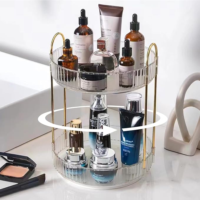 shuang qing Rotating Makeup Organizer for Vanity, High-Capacity Skincare Clear Make Up Storage Perfume Organizers Cosmetic Dresser Organizer Countertop 360 Spinning (Clear, 2 Tier) by SHUANGQING