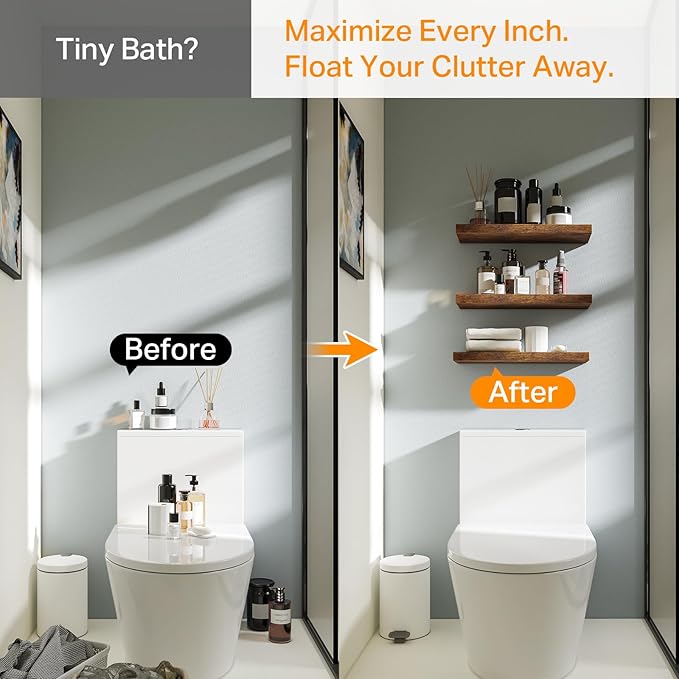 BAYKA Rustic Brown Bathroom Floating Shelves, 15.7in, 3Pk, Wall Mount Shelf - Image 6