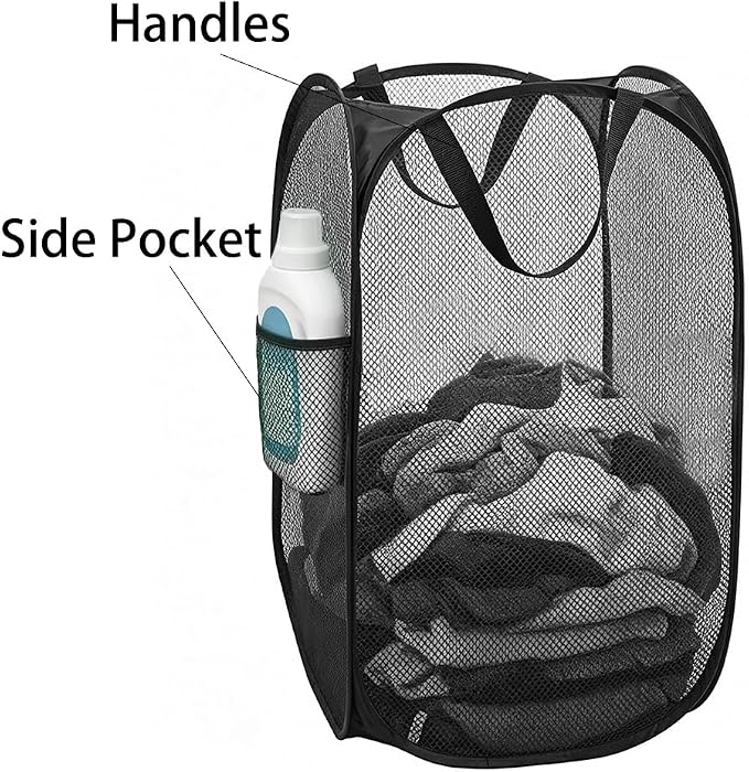 Larpur Popup Mesh Laundry Basket, Collapsible and Portable Clothes Washing Laundry Hamper with Reinforced Carry Handle (Black 2pcs) - Image 3