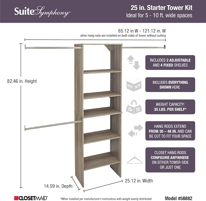 ClosetMaid SuiteSymphony Wood Closet Organizer Starter Kit with Tower and 3 Hang Rods, Shelves, Adjustable, Fits Spaces 5 – 10 ft. Wide, Natural Gray - Image 3