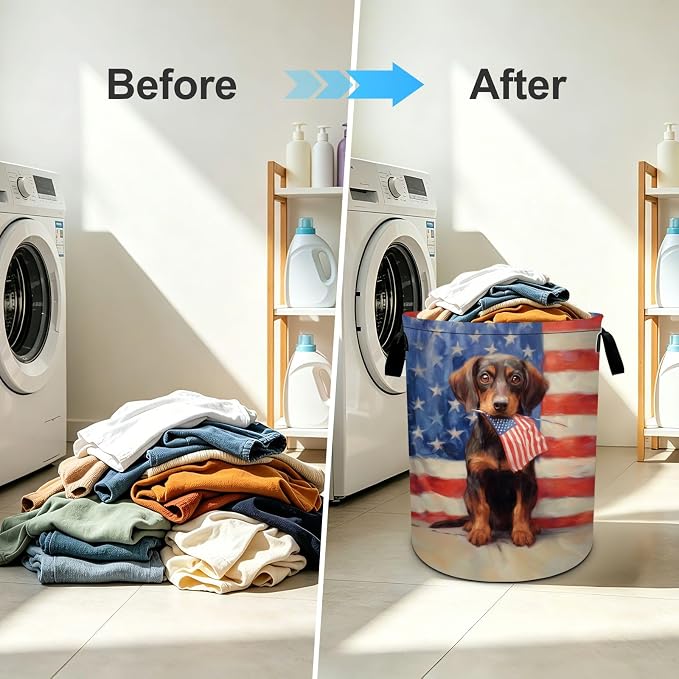 4th of July Flag Dog Laundry Basket Foldable Oxford Laundry Hamper With Handle For Room Bathroom Bedroom - Image 6