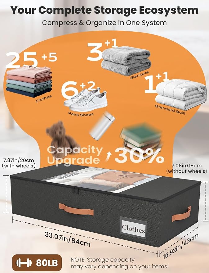 TOSKING 2-Pack Under Bed Storage Drawers with Wheels, 6 Vacuum Bags, 7.9" Height, Large 65L/80 lbs Clear Lid Rolling Bin, 900D Oxford, Space Saver for Dorm Bedroom, Blankets, Clothes, Shoes, Black - Image 5