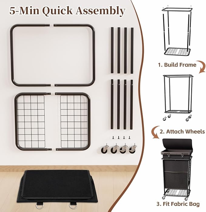 Laundry Hamper with Wheels and Lid, 150L Large Rolling Laundry Basket Black - Image 7