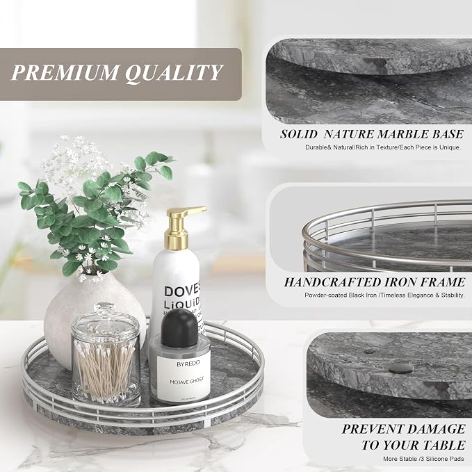 AHM10-Inch Gray Marble Lazy Susan with Silver Iron Frame - Image 5