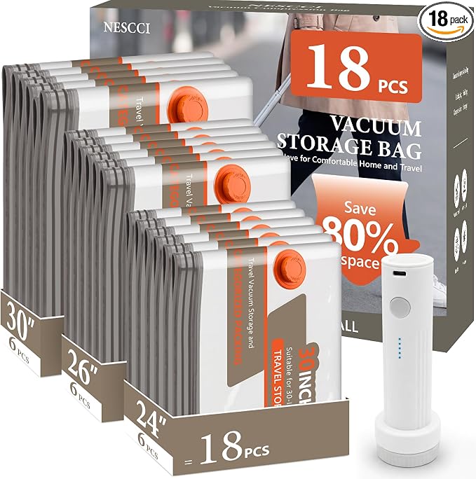 18 Pcs Vacuum Bags for Travel with Rechargeable Air Pump,Space Saver Bags by NESCCI