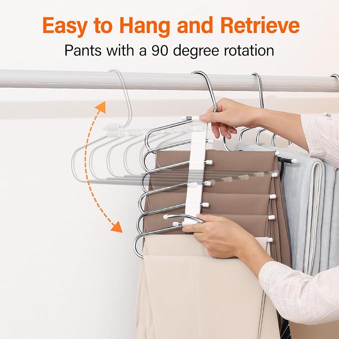 Upgraded Collapsible Pants Hangers Space Saving, 6 Layers Clothes Rack, Stainless Steel Multifunctional Closet Organizer, Non Slip Metal Hangers for Pants Jeans Skirts Trousers (2 Pack) - Image 3