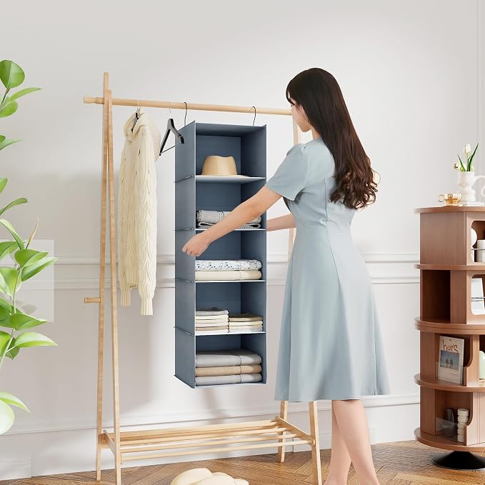 Hanging Closet Organizer 5-Shelf, Oxford Fabric Wardrobe Storage, Gray | Easy-mount foldable design holds clothes, handbags, shoes & accessories; washable Oxford fabric, sturdy and space-saving. - Image 5