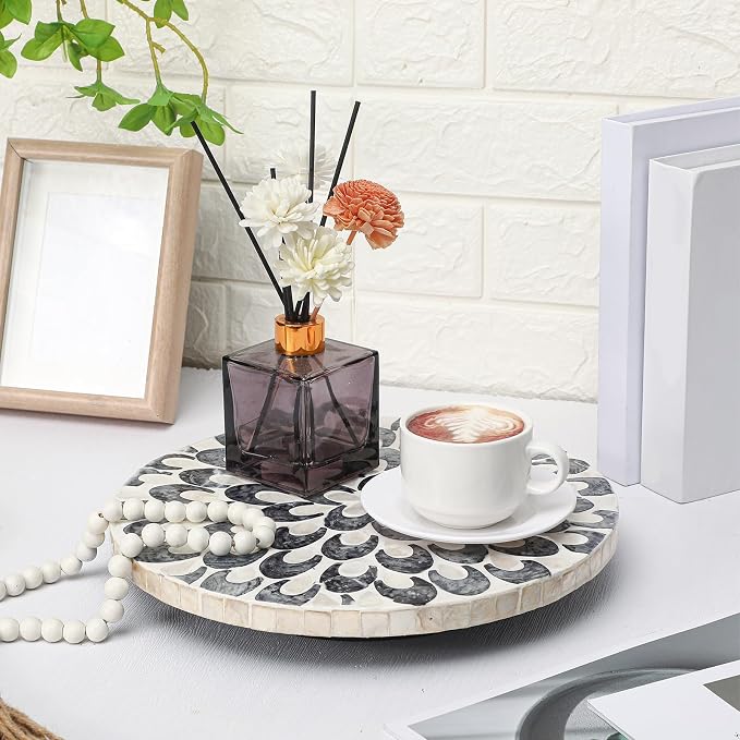 Reallnaive Mother of Pearl Lazy Susan for Table Turntable Organizer Marble Patterned Lazy Susan Wood Spinning Tray Rotating for Kitchen Cabinet Spice Pantry 12 Inch(Round,Floral) - Image 3