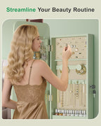 Nicetree Rounded Mirror Jewelry Cabinet, Lockable, Wall Mounted, Green - Image 7