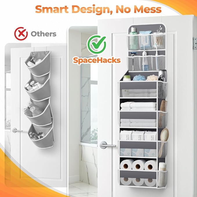 SpaceHacks 6-Tier Over the Door Organizer with Mesh Pockets, Baby Nursery Storage for Closet, Bathroom and Bedroom, Adjustable Hanging Closet Organizer for Cosmetics, Books and Essentials (Dark Grey) - Image 4