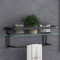 VOLPONE Bathroom Glass Shelf with Towel Bar Black Bathroom Shelf Wall Mount Rustproof Bathroom Wall Organizer Towel Rails1 Tier (Black) by VOLPONE