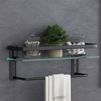 VOLPONE Bathroom Glass Shelf with Towel Bar Black Bathroom Shelf Wall Mount Rustproof Bathroom Wall Organizer Towel Rails1 Tier (Black) by VOLPONE
