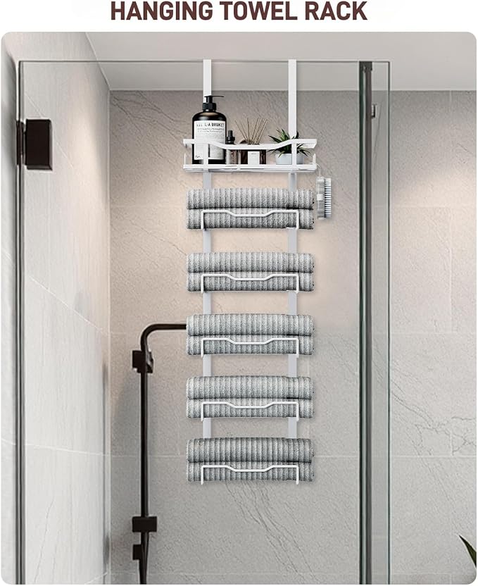 Aetyord Hanging Towel Racks for Bathroom No Drill - Over The Door 6-Tier Bath Towel Storage Organizer for Small Bathrooms - Back Door Large Tiered Towel Holder Hanger for Rolled Towels RV Camper White - Image 6