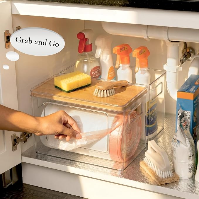 Hudgan 2 in 1 Acrylic Trash Bag Dispenser Under Sink, Garbage Bags Holder with Stackable Bamboo Top for Kitchen, Pantry, Laundry Room - Image 2