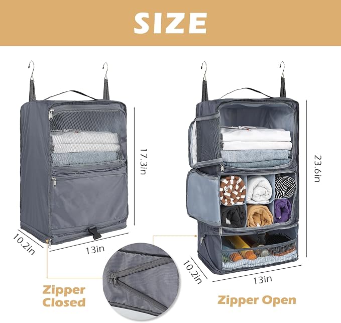 Surblue Hanging Shelves Travel Storage Bag Compression Packing Cube for Suitcase Collapsible with Extension Layer Large Capacity, Grey,XL - Image 5