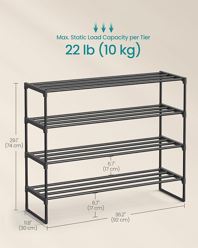 SONGMICS Shoe Rack, 4-Tier Shoe Organizer, Metal Storage Shelf | for Entryway, Upright or Upside Down, for 20-25 Pairs, Stackable, 11.8 x 36.2 x 29.1 Inches, Black ULSA14BK - Image 3