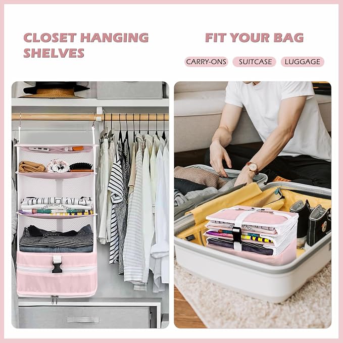 Surblue Hanging Closet Storage Bag Collapsible 3-Shelf Washable Oxford Fabric with 2 Hooks (L 11.41 * 11.41 * 19.68in, Pink) - Image 2