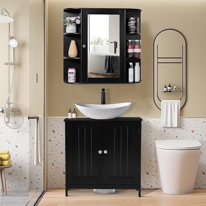Iwell Bathroom Medicine Cabinet with Mirror, Wall Cabinet with 2 Adjustable Shelves & 6 Open Shelves, Bathroom Cabinet Wall Mounted, Over The Toilet Space Saver Storage Cabinet, Black - Image 4