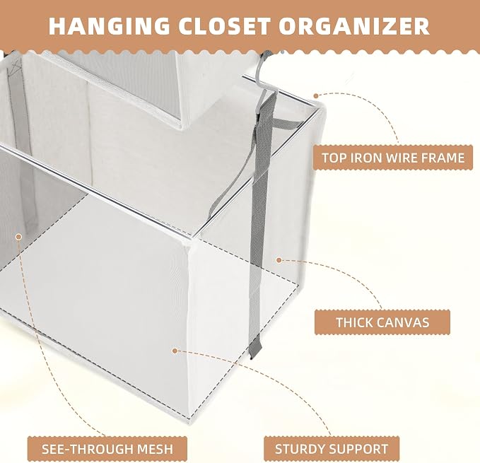 STORAGE MANIAC 2-Tier Hanging Closet Organizer, Fabric Storage Baskets with Hooks, Closet Shelves for Dorm Room, Apartment, Bedroom, Garment Rack & Wardrobe, Ivory - Image 4