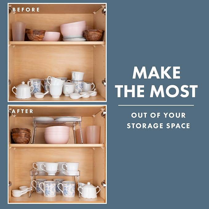 Masirs Clear Stackable Shelf, Easily Organize Your Kitchen Counter and Cabinet Shelves While Creating Extra Storage Space with This Foldable Translucent Plastic Shelf, (2-Pack) - Image 3