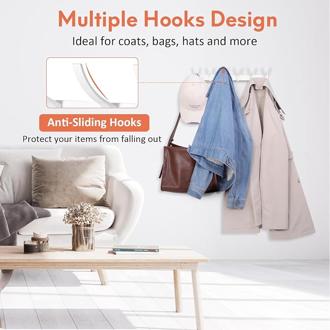 Optish Coat Rack Wall Mount, Coat Hook Wall Mount, Wall Hooks for Hanging, Hat Rack for Walls, Coats Hanger with 12 Hook, Towel Hooks for Bathrooms (2 Pack, White) - Image 5