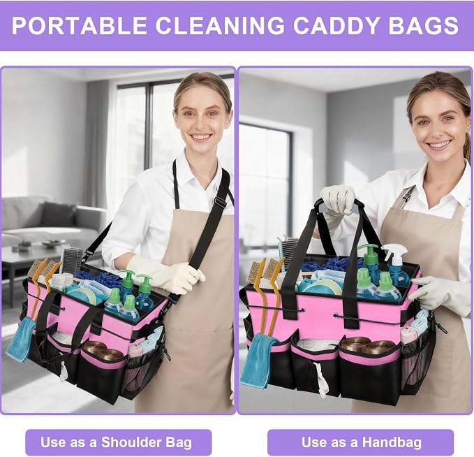 ALSLEA Cleaning Caddy Bag Heavy-Duty Organizer Tote for Housekeepers, Janitors & Home Cleaning Supplies with Adjustable Shoulder Strap & Multiple Pockets (Pink) - Image 5