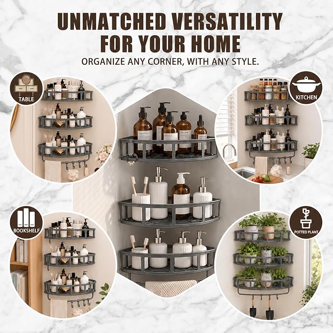 Shower Caddy Hanging 3 Pack, Rustproof Adhesive Corner Shower Shelves - Image 9