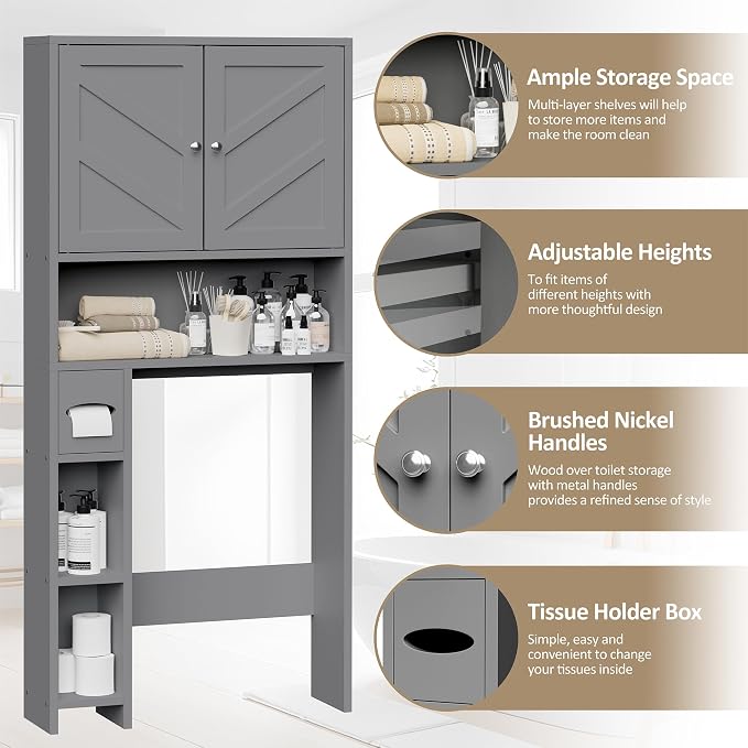 Farmhouse Storage Cabinet Over Toilet with Toilet Paper Holder Stand, Freestanding Bathroom Storage Organizer Cabinet, Grey - Image 8