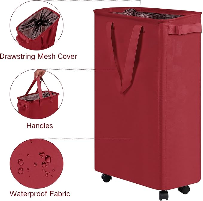 efluky Slim Laundry Hamper with Wheels, Rolling Laundry Basket for Clothes, Small Laundry Basket for Bedroom, Dorm and Laundry Room, 60L (12.7 Gallons) Red - Image 3